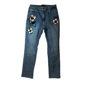 ESCADA Embroidered Jeans Pink Floral on Bright Blue‎ Denim Size 36